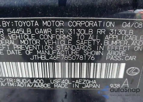 2008 Lexus Ls 460 from USA, damaged, VIN JTHBL46F785078176